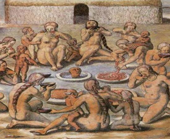 Scene of cannibalism based on European accounts of expeditions to the Americas from America tertia pars by Theodor de Bry, circa 1592. Source: Public domain