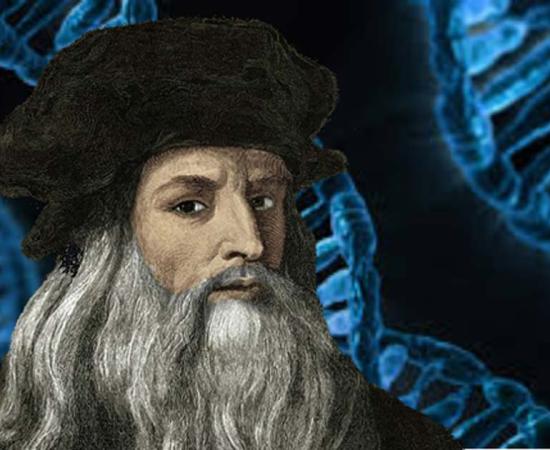 A representation of Leonardo da Vinci. (Deriv.) Background: Structure of DNA.