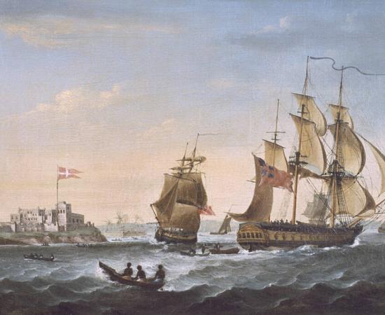 Danish ships sailing in and out of Fort Christiansborg, the largest Danish colonial settlement in Ghana and the major Danish port supporting the Trans-Atlantic slave trade (painting by George Webster, 1806).