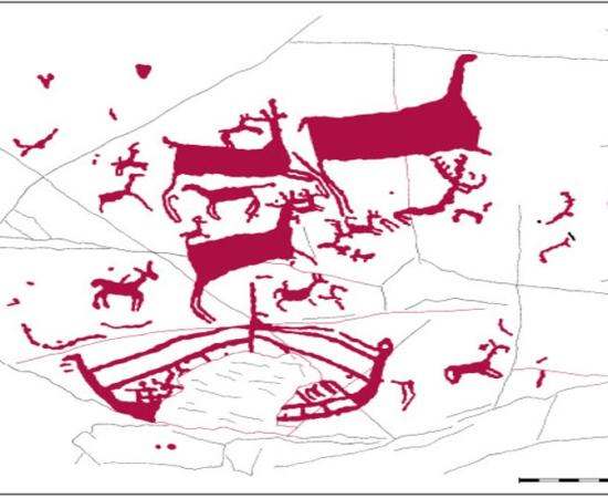 The boat, at the bottom of this drawing of the rock art, shows a mast and probable rowing stations. 