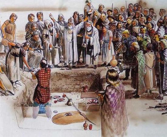 A group of Trinovantes at a graveside in Colchester by Peter Froste.