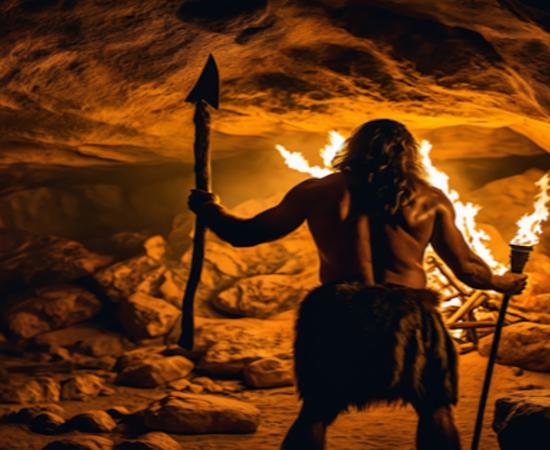 Early human trying to keep warm in a cave.