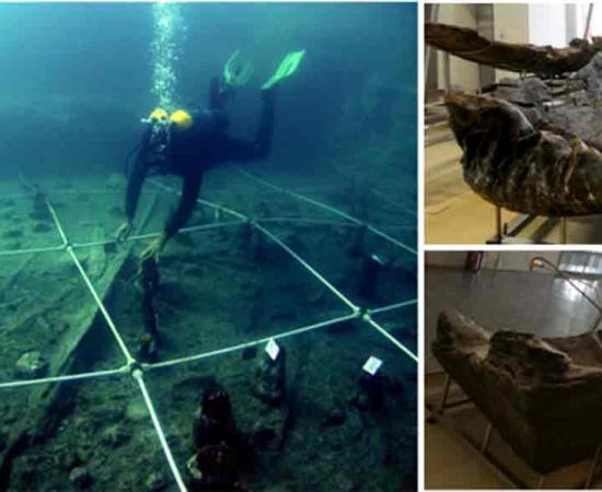 Left; Excavation of one of the oldest Neolithic boats ever found, labeled Canoe 5. Right; Canoe Marmotta 1, on display in the Museo delle Cività in Rome. Source: Gibaja et al., 2024 / PLOS ONE / CC-BY 4.0