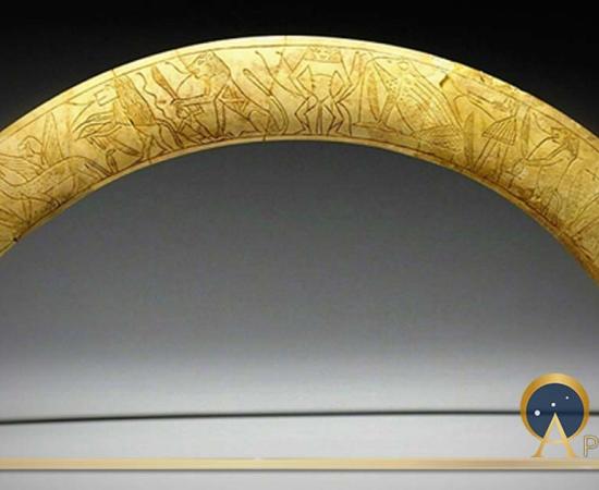 Magic Wand of hippopotamus ivory (Middle Kingdom-Second Intermediate) depicting a procession of deities. The curve of this wand follows that of the hippopotamus tusk from which it was made, but its flat form is reminiscent of the curved throwing sticks used to catch fowl. Powerful protective deities, such as Taweret and Bes, are depicted together with protective uraeus serpents and other mythical creatures. Many of the figures brandish knives to dispel evil spirits. 