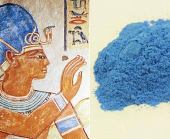 Left: Egyptian blue shown in an image of Ramses III 1170 BC. Image source. Right: Egyptian Blue pigment. 