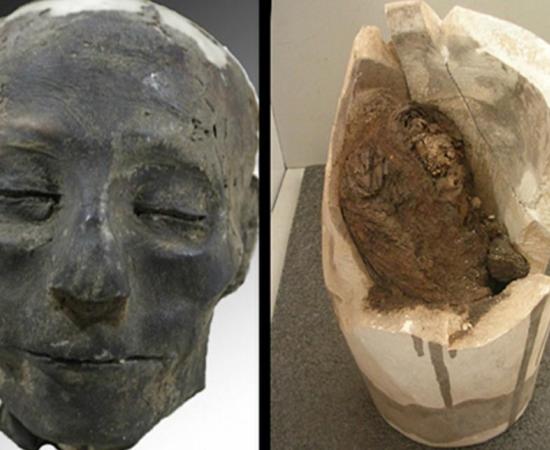 The head of Nebiri with a broken canopic jar containing his lungs 