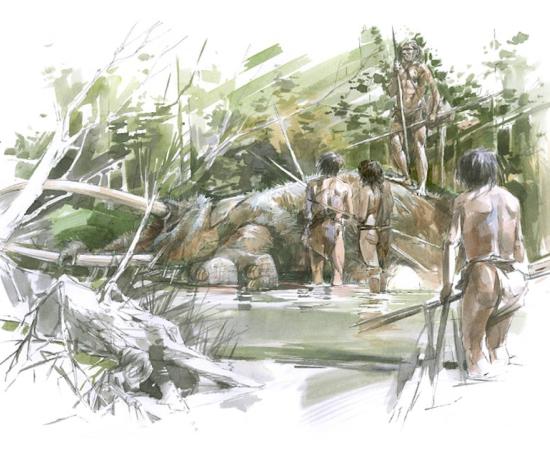 Reconstruction of the Schöningen lakeshore as the humans discovered the elephant's skeleton.          Source: ©Benoit Clarys Tubingen University