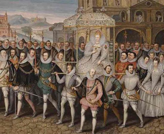 The Procession Picture, c. 1600, showing Elizabeth I borne along by her courtiers. Source: Public Domain