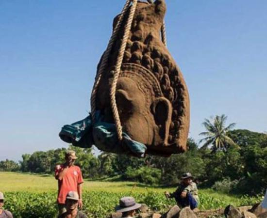 Three enormous statue heads unearthed at Banteay Chhmar temple, Cambodia