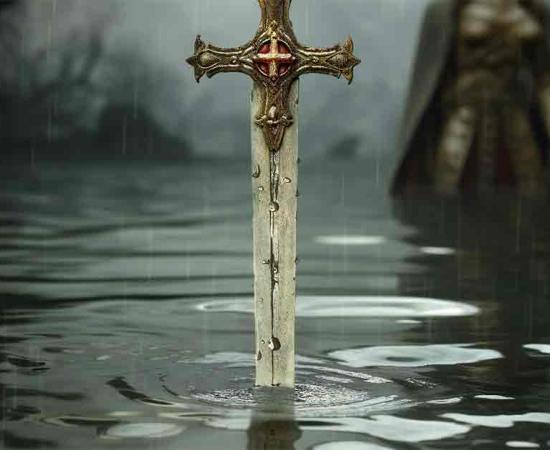 Artistic recreation of the legendary sword Excalibur coming out lake, generated by AI.	Source: Manuel Mata/Adobe Stock