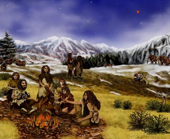 An artist’s depiction of a family of Neanderthals.
