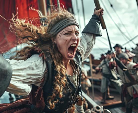 Female Captain Pirate, representing Grace O’Malley, screams to attack. 