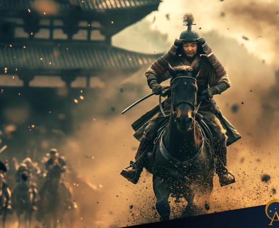 AI image of Japanese samurai riding a horse in battle. 