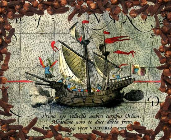 Composite image cloves layered over map representing the Magellan-Elcano expedition in the Nao Victoria. Source: Benjamin LEFEBVRE / Adobe Stock & Public domain
