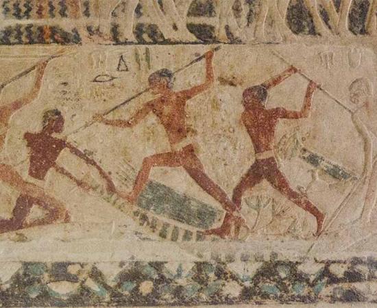 Depiction of fishermen jousting in the Mastaba tomb of Niankhkhnum and Khnumhotep, Saqqara, Egypt. Source: kairoinfo4u / CC BY-NC-SA 2.0