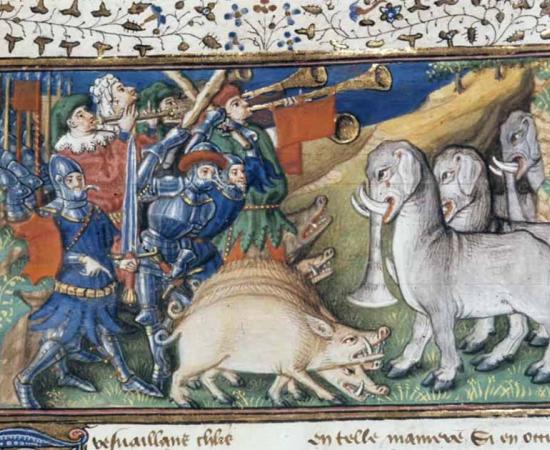Alexander driving off elephants with war pigs and musical instruments in a detail from a French illuminated manuscript from 1420’. Source: The British Library / CC BY 4.0)