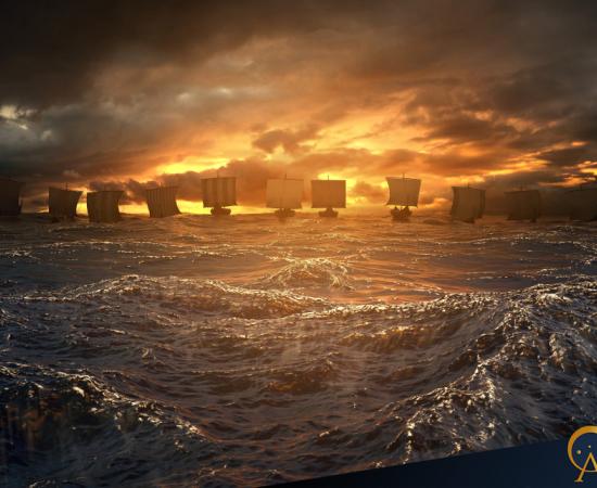 Viking ships in the distance.