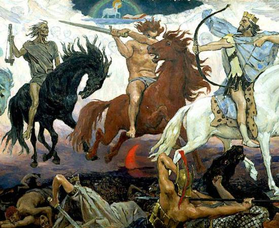 Each of the Four Horsemen of the Apocalypse represent different aspects of the cleansing of the Earth, by Russian painter Viktor Vasnetsov. Source: Public domain