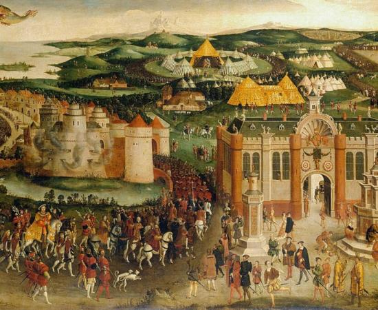 The Field of the Cloth of Gold, oil painting from 1545 in the Royal Collection at Hampton Court. Henry VIII on horseback approaches at bottom left for summit meeting with Francis I of France in 1520.
