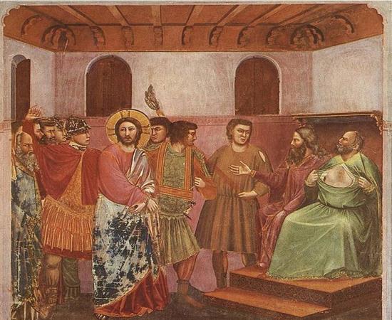 The High Priest is depicted tearing his robe in grief at Jesus' perceived blasphemy. Was this a calculated move to stop secrets from being revealed? Fresco, Giotto di Bondone (1267-1337). 