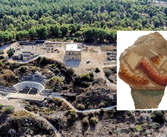 Main: Aerial view of Sepphoris. Inset: Guilloche, in a fresco from Zippori, dating from the early Second Century AD 