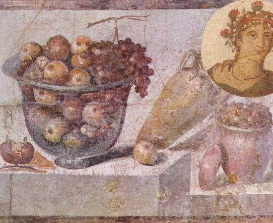 ‘Still life with glass bowl of fruit and vases’ by a Pompeian painter in 70 AD, Museo Archeologico Nazionale, Naples, Italy. Insert: Mosaic depicting a man labelled as the gourmand Marcus Gavius Apicius. 