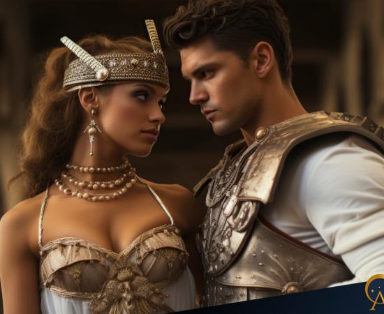 AI image of a beautiful woman with a gladiator.