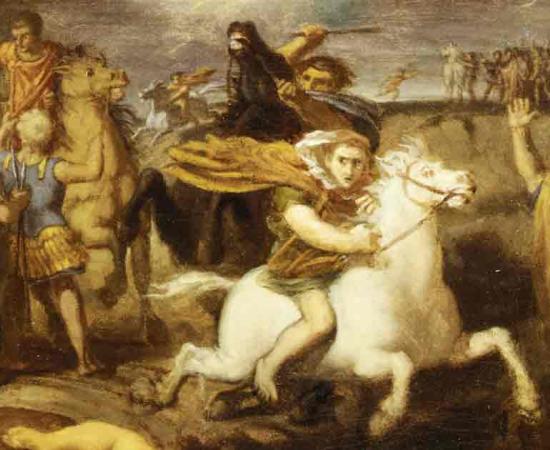The Gaul Littavicus betraying the Roman cause and fleeing to support Vercingétorix during the Gallic Wars, in a painting by Théodore Chassériau citca 1838. Source: Public domain