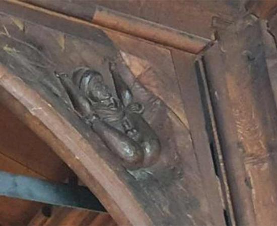 The genitalia carving in All Saints Church in Hereford, England is located above where the congregation would sit. Recently the image went viral on the internet. But it is only one of many lewd images of this kind to be found in churches across the UK!                 Source: Hereford Times