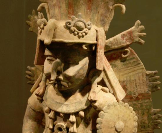 Terra cotta image of Maya Rain God Chac at San Francisco's de Young museum. 