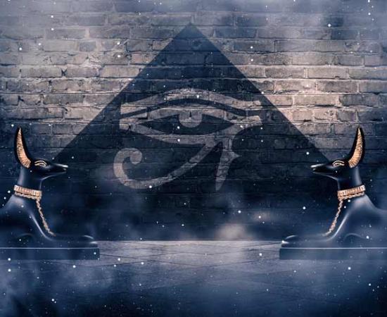 Anubis, the god of death in ancient Egypt, is a jackal-like creature with immense powers. The hieroglyph for Anubis is shown in the center.        Source: MiaStendal / Adobe Stock