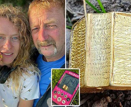 Buffy and Ian Bailey and the miniature gold bible that Buffy found with her metal detector in North Yorkshire, England.	Source: Buffy Bailey / Norgie Pal Twitter