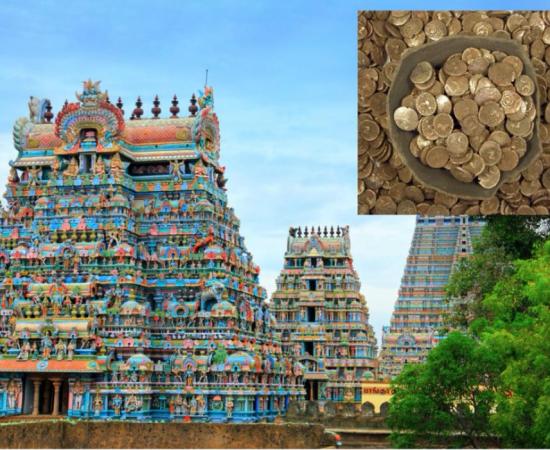 Main: Beautiful Gopuras in the Hindu Jambukeswarar Temple in Trichy (Tiruchirapalli), Tamil Nadu, South India, where the gold coin hoard was found.   Source: little_mouse / Adobe stock.         Inset: Representation of the gold coin hoard found at the temple.           Source: Portable Antiquities Scheme / CC BY 2.0.