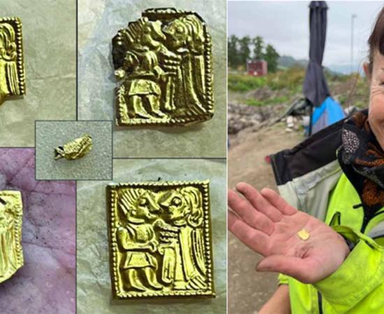 5 gold foil pieces found in the dig in Norway. Right; Kathrine Stene, the archaeologist and project leader, proudly displays one of the five newly unearthed gold foil pieces.  Source: Nicolai Eckhoff/Facebook