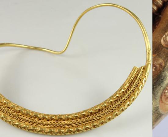 The front view of the gold neck ring found in Denmark that was likely a hidden treasure as opposed to a votive offering. Source: Sydvestjyske Museum