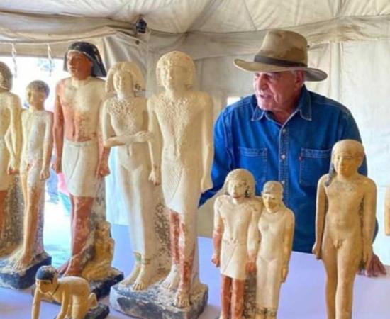 Egyptian archaeologist Zahi Hawass, the director of the Egyptian excavation team, works at the site of the Step Pyramid of Djoser in Saqqara where the golden mummy and states were found. Source: Ministry of Tourism & Antiquities