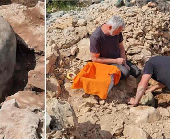 left; the recently excavated Greek-Illyrian helmet, Right; archaeologists extracting the helmet at the site. Source: Dubrovnik Museums