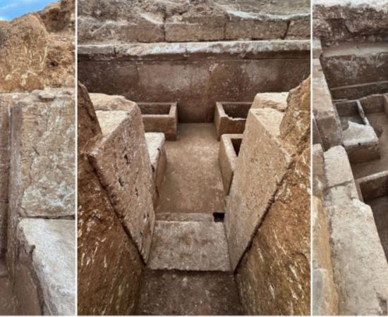 Different views of the newly discovered tomb at an excavation site for ancient Greek city of Tenea.