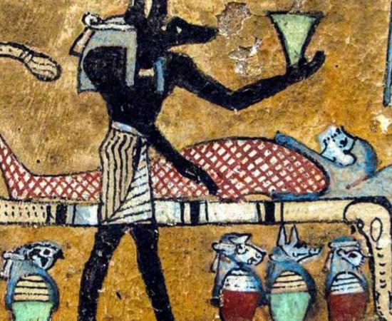 Depiction of Anubis supervising mummification from a sarcophagus painting dating back to 400 BC. Source: André / CC BY-SA 2.0