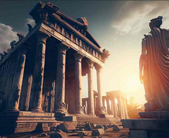 AI image of ancient Greek civilization, a Greek temple ruins with a female goddess statue.