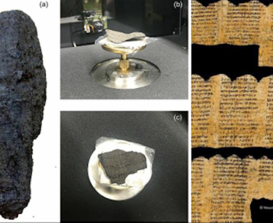 Left; Photos of the papyrus fragments, Right; Text from the Herculaneum scroll.