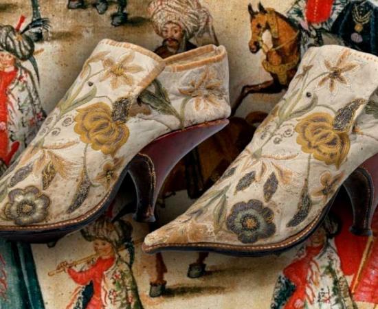 Composite image of French men’s shoes dating back to circa 1690 with image of a Persian ambassador, wearing high heels on visit to Poland in 1605, in the background. Source: Public domain & Public domain