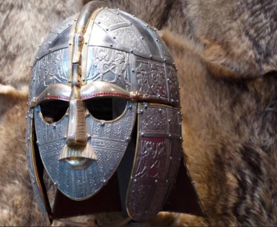 A reproduction of the Sutton Hoo Helmet rebuilt from the fragments found in mound 1 in 1949.