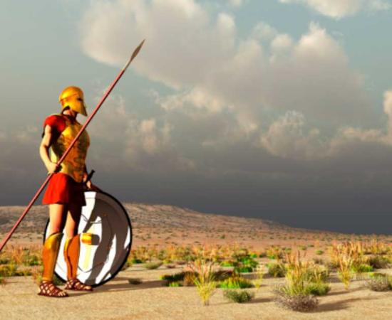 Greek hoplite in armor and with weapons and shield. Source: anibal / Adobe Stock