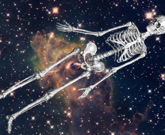 A human skeleton in space.