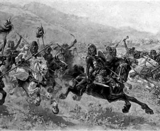 Illustration of Attila the Hun leading his men into battle, from the book ‘Great Men and Famous Women Volume 1 - ATTILA, THE SCOURGE OF GOD (1894, artist Ulpiano Checa).