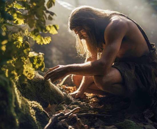 Ancient human foraging for berries and edible plants in a dense forest. 	Source: Microgen/Adobe Stock