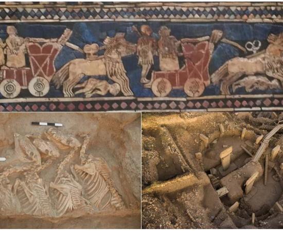 Top: Sumerian chariots drawn by hybrid animals known as kungas, illustrated on the Standard of Ur (© Thierry Grange) Bottom left: Hybrid animals known as ‘kungas’ found at Umm el-Marra site, Syria (Glenn Schwartz/John Hopkins University). Bottom right: South of Gobekli Tepe, Turkry, D enclosure T pillars. (Deutsches Archäologisches Institut, Berlin).		Source: CNRS