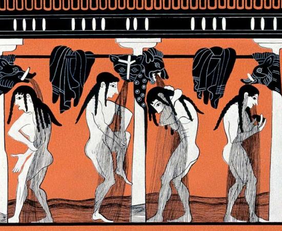 Hygiene has evolved over the years, but we’ve been taking showers for centuries. Women bathing in a public gymnasium; Gouache painting based on an ancient Greek vase. Source: Wellcome Collection / Public Domain