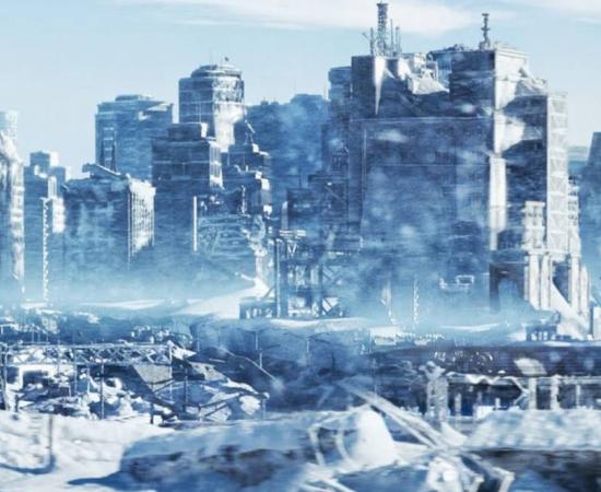 Image of a city of the future covered by a layer of ice during the next ice age.